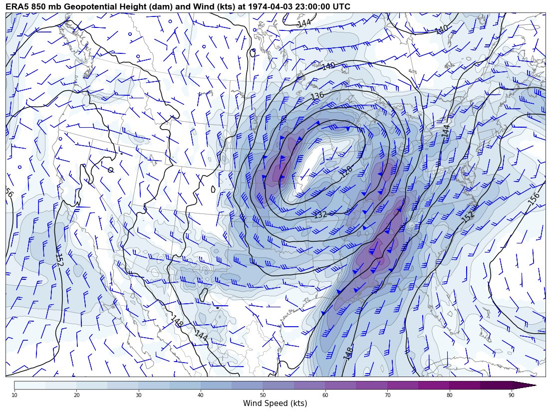 Alright, with  #ERA5 reanalysis being extended back to 1950 today, figured I'd take an opportunity to plot 300 hPa, 500 hPa, 850 hPa, and MSLP/10 m wind for a number of tornado outbreaks in the 1950-1978 timeframe.First up: 4/3/1974 (Super Outbreak) @ 22 UTC. 1/11