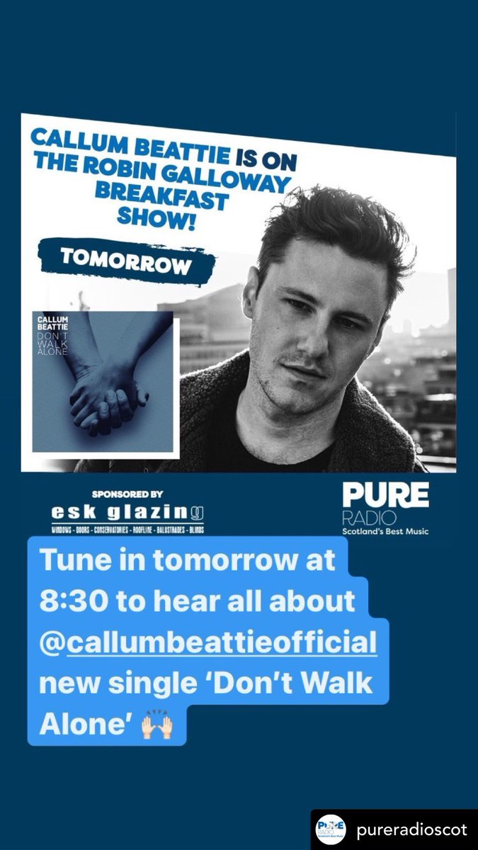 cbeattie_news's tweet photo. GET THOSE ALARMS SET 👌🏻
@callumbeattieuk will be on @pureradioscot @djrobingalloway breakfast show tomorrow (Tuesday) at 8.30am #callumbeattie #dontwalkalone #radiopromo #radiocampaign #awesomesomesong #togetherness #unity ♥️🎵 https://t.co/paJ1eYusSv
