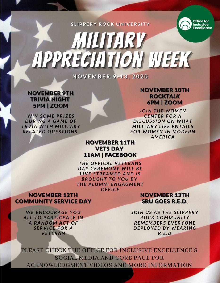 Slippery Rock University (@slipperyrocku) on Twitter photo .<a href="/sruoie/">SRU Office for Inclusive Excellence</a> is hosting Military Appreciation Week with some great activities.
Check CORE for more information: ow.ly/EuvZ30rjfhj .<a href="/sruoie/">SRU Office for Inclusive Excellence</a> is hosting Military Appreciation Week with some great activities.
Check CORE for more information: ow.ly/EuvZ30rjfhj