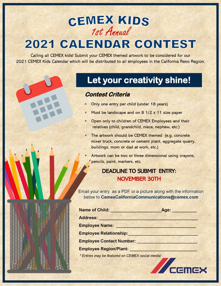 deb4beachlife's tweet photo. Excited to share our first ever CEMEX Kids Calendar Contest in the California Region!  Can’t wait to see the artwork that our CEMEX kiddos submit! Spread the word, contest deadline is November 30! #cemexfamily @CEMEX_CalReno @mlmirpuri @tsur1 @DanOlivera777 @OscarFrias29 https://t.co/PKit118iLm