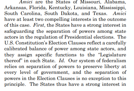 The Attorneys General of OH, MO, AL, AK, FL, KY, LA, MS, SC, SD, & TX have filed amicus briefs in the PA segregated ballots matter before SCOTUS, arguing the PA Supreme Court overstepped its authority in extending the deadline.