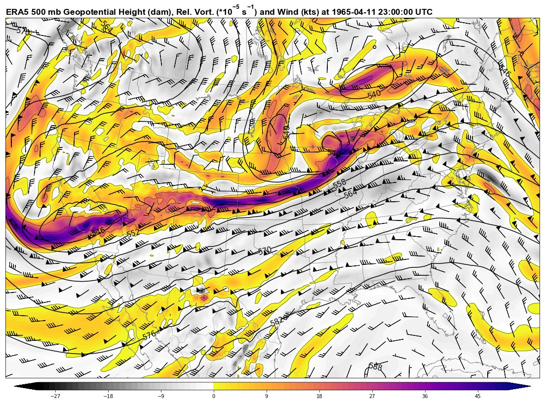 4/11/1965 (Palm Sunday Outbreak) @ 23 UTC. Just incredible dynamics here. 2/11