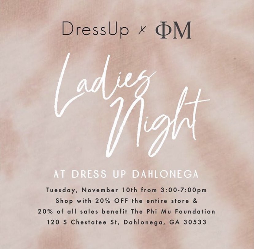 PhiMuUNG's tweet photo. 𝙏𝙊𝙈𝙈𝙊𝙍𝙍𝙊𝙒: 𝙟𝙤𝙞𝙣 𝙪𝙨 at Dress Up Dahlonega 𝙛𝙤𝙧 𝙤𝙪𝙧 𝙇𝙖𝙙𝙞𝙚𝙨 𝙣𝙞𝙜𝙝𝙩 𝙛𝙧𝙤𝙢 3-7 P.M. ☟︎☟︎ Come shop and Chat with us for 20% off the ENTIRE STORE. 20% of Sales Benefit The Phi Mu Foundation! https://t.co/KEGu8LOXa4