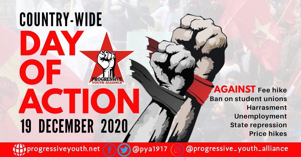 PYAKarachi's tweet photo. !نوجوان ساتھیو

PYA is organising a countrywide “Day of Action” against fee hike, the ban on student unions, harassment, and unemployment.

Join us in the struggle against state repression on 19th December. 

#FeesMustEnd #RestoreStudentUnions #NoToHarassment #DayOfAction2020 https://t.co/KTbI2qzD5L