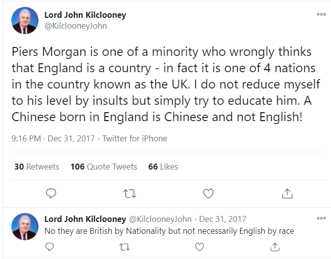 Kilclooney's response to Piers Morgan calling him a "racist old dinosaur" for insisting that Moeen Ali isn't English was to say that, if you asked Moeen Ali, he probably wouldn't say he is English. (Of course, he did not ask Moeen Ali about this!)