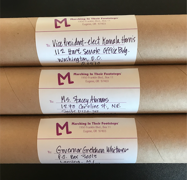TheirFootsteps's tweet image. We're mailing our posters to @KamalaHarris @staceyabrams &amp;amp; @GovWhitmer. May they get to see them! #KamalaHarris reflected in her acceptance speech that she stands on the shoulders of #women who have paved her way -- and that's precisely what our company celebrates. @DouglasEmhoff