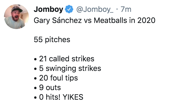 Jomboy_'s tweet photo. hey pitchers... throw some strikes, have some fun. turns out hitting a baseball is hard, https://t.co/iRUWKmGLwG