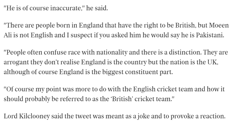 Kilclooney's response to Piers Morgan calling him a "racist old dinosaur" for insisting that Moeen Ali isn't English was to say that, if you asked Moeen Ali, he probably wouldn't say he is English. (Of course, he did not ask Moeen Ali about this!)