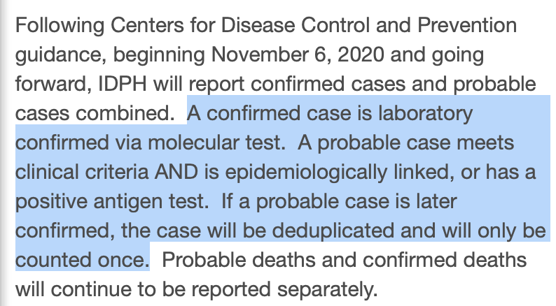 . @IDPH's explanation for reporting probable cases along with confirmed cases as of Friday (as recommended by the CDC):