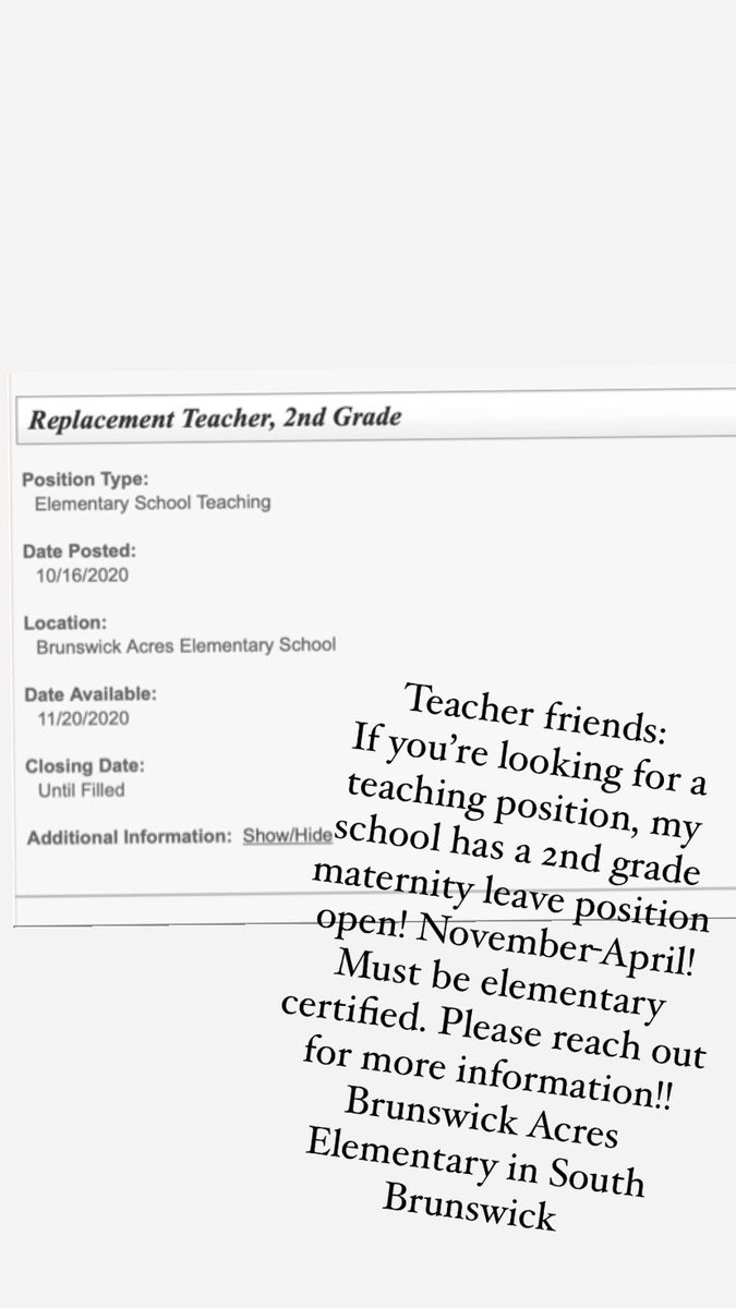 Are you looking for a teaching job? My school has a maternity leave opening in 2nd grade! Nov-April <a href="/SBSDBA/">Brunswick Acres ES</a> ☺️
