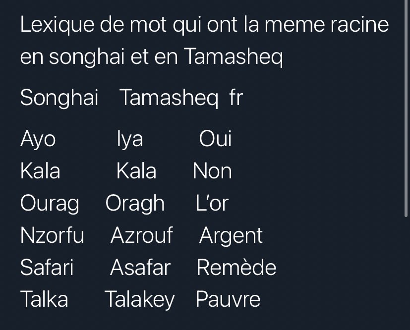 Le songhai de gao le « koyraboro chenni » est parfois considéré comme un songhay « intermédiaire » entre l’ensemble des groupes, mais il reste lui meme très influencé par l’arabe et le berber