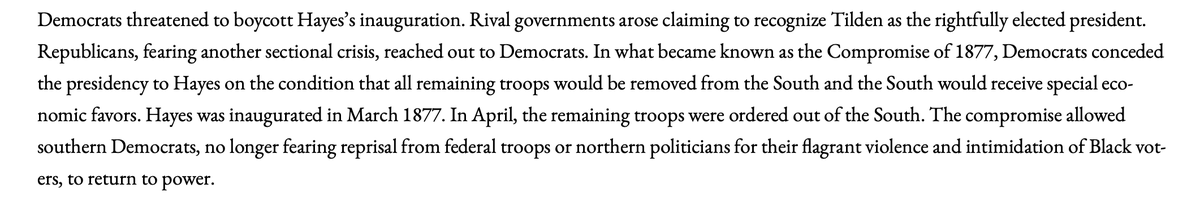 Yet, the myth of this supposed compromise persists. While I have not systematically examined this, some version of it still appears in every US history textbook I have looked at, like the excerpt below, as well as on innumerable popular websites: https://www.history.com/topics/us-presidents/compromise-of-1877