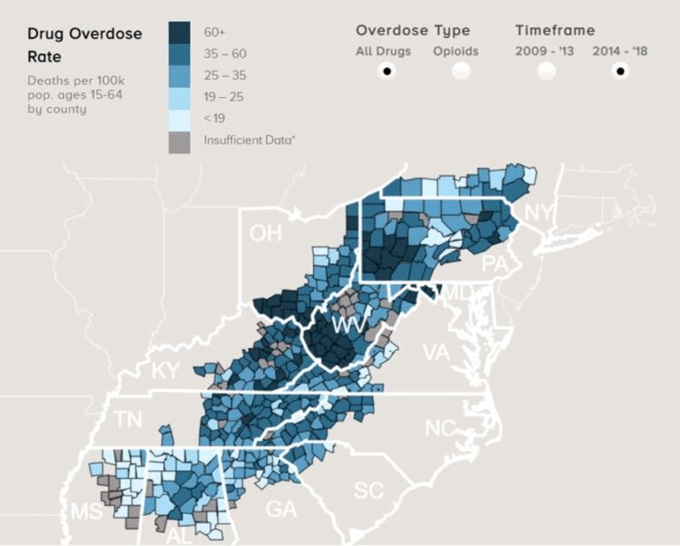 Appalachian Overdose Mapping -Eastern KY with most poverty.