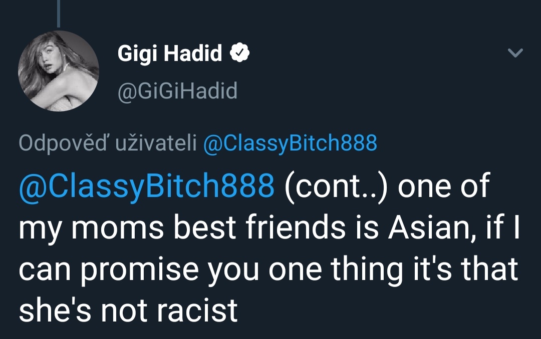 Now Yolanda as far as I looked never apologised for this, but Gigi responded to these accusations about her mom on Twitter and she used the worst reason why her mother comment couldn't be racist. That tweet is still up and it just shows she never really learn does she.