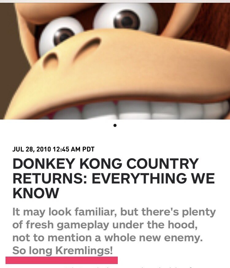 Let's talk about King K. Rool's character design. For many years, detractors would refer to him as "ugly" and cite his design as one of the reasons why. In their preview of Donkey Kong Country Returns, IGN even celebrated the removal of the Kremlings from the Donkey Kong series.