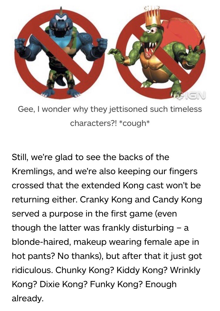 Let's talk about King K. Rool's character design. For many years, detractors would refer to him as "ugly" and cite his design as one of the reasons why. In their preview of Donkey Kong Country Returns, IGN even celebrated the removal of the Kremlings from the Donkey Kong series.