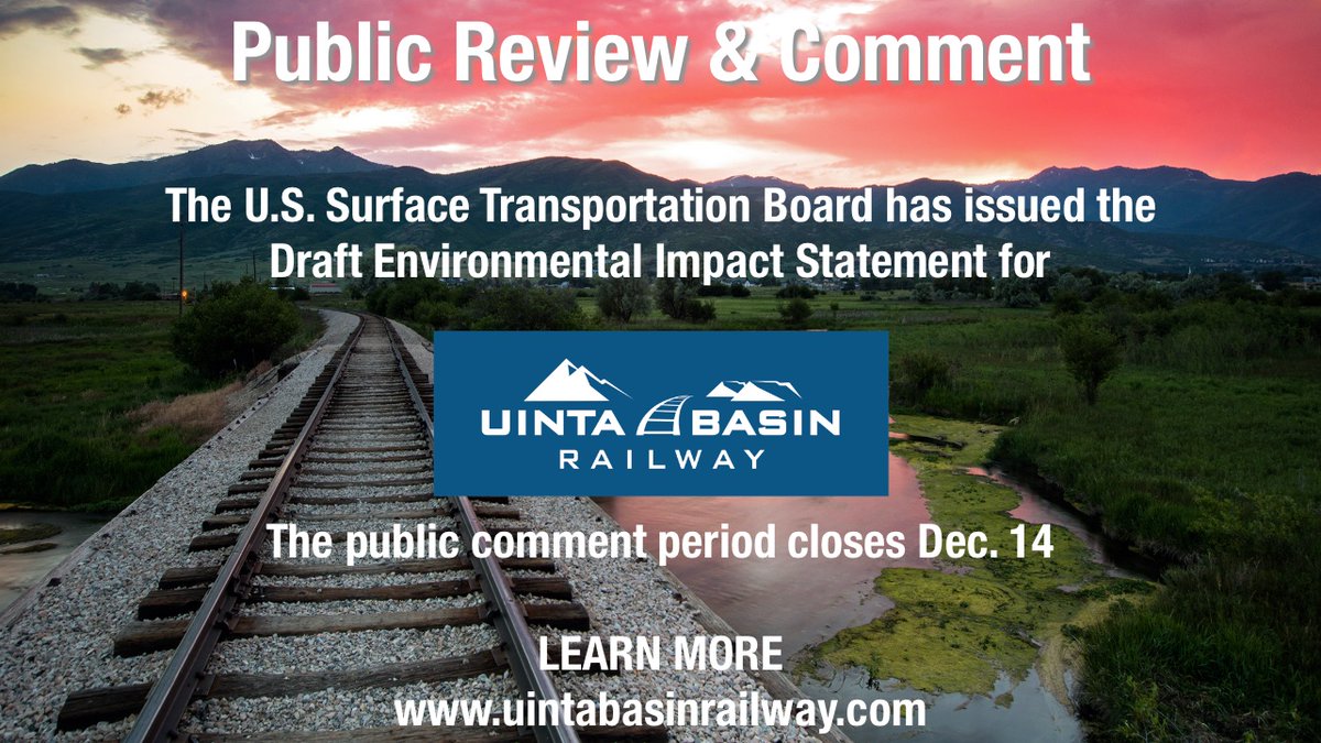 UintaBasinRWY's tweet photo. The STB has issued the Draft Environmental Impact Statement (DEIS) for the #UintaBasinRailway. 

The #UBRY Team is encouraging the public and any interested parties to submit comments on any aspect of the DEIS. 

More info: https://t.co/vuyMtGx2Vp
#eis #railway #utah https://t.co/gbH9VGOCf6