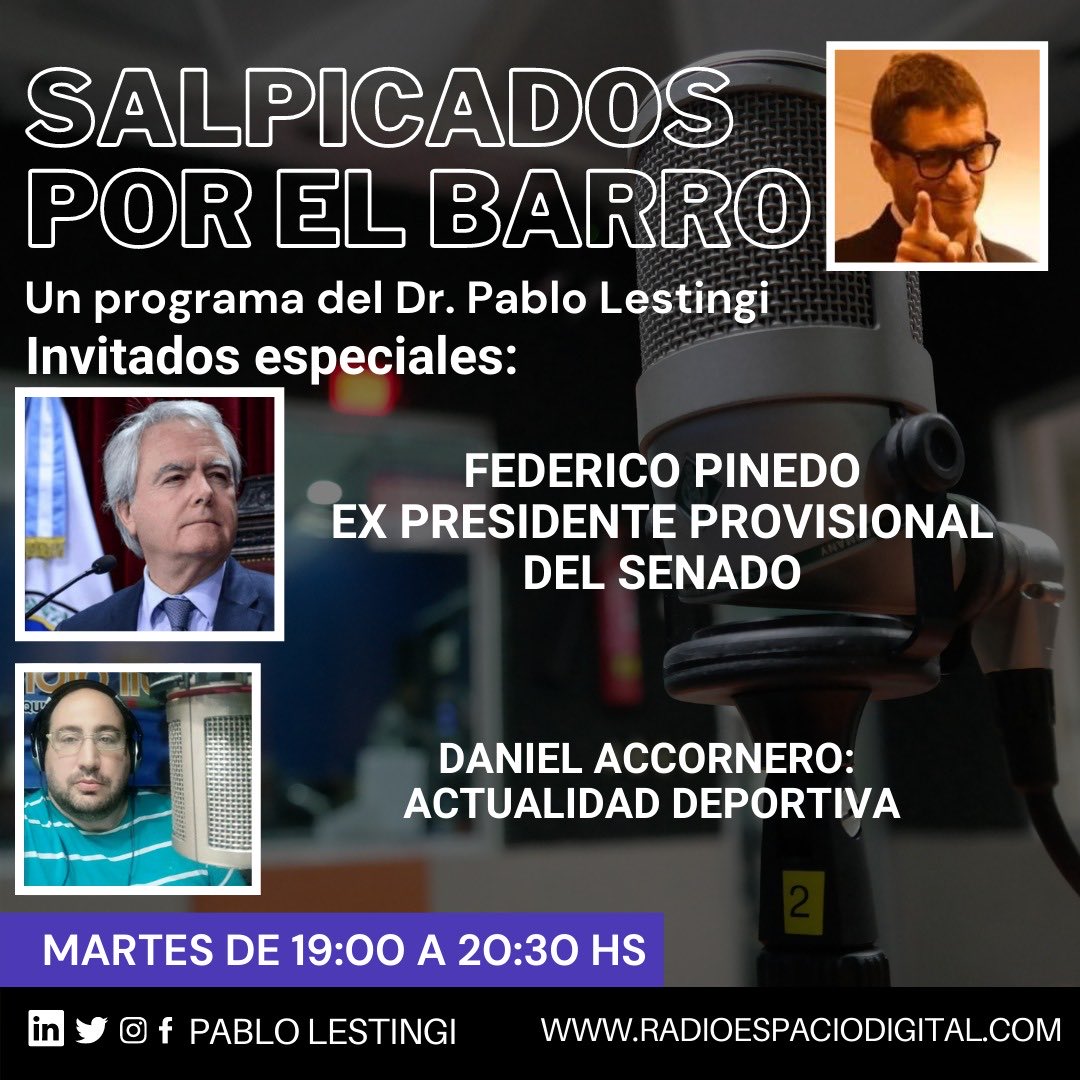 pablolestingi's tweet photo. “Salpicados por el barro”
Mañana desde las 19 hs
#Salpicate !!! Con @PinedoFederico
Política, deporte y actualidad nacional e internacional. Corresponsales propios siguiendo las
#elections #ElectionResults2020 @radioespaciodi1 @CaderoOK @EFnoticiasok https://t.co/UvmPKUZVMQ
