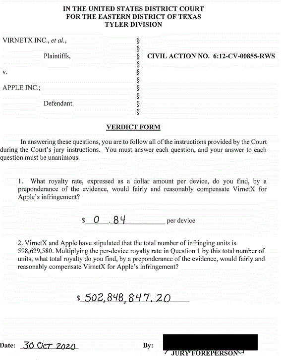 Here is the VirnetX $500 million verdict. This sits atop the $400 judgment awarded earlier this year on its FaceTime and iMessage patents. 

patentlyo.com/patent/2020/11…