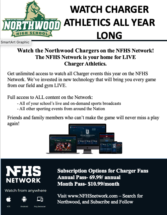 ChargerAthletes's tweet photo. With limited capacity in the stands this year, we are streaming our events on the NFHS Network. Our loyal Charger supporters can sign up using the information attached. @NHSChargerXC @NHSChargerVball @nhs_sportsmed @NHSChargers @NorthwoodNut @ChathamNRSports @ALLNFootball https://t.co/CyEnVqk3zP