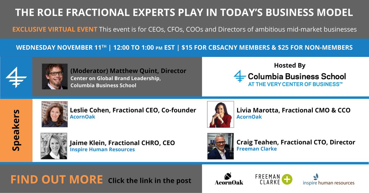 Inspire_HR's tweet photo. Inspire's Jaime Klein is joining @cbsacny on Wed. for a discussion on the role of #fractionalexperts - at the very heart of what we do! Fellow panelists include: @LeslieCohen212, @LiviaMarottaNYC, Craig Teahen, and @mattquint. #futureofwork https://t.co/YIIm3JqTnv https://t.co/Q86tdcvjiC