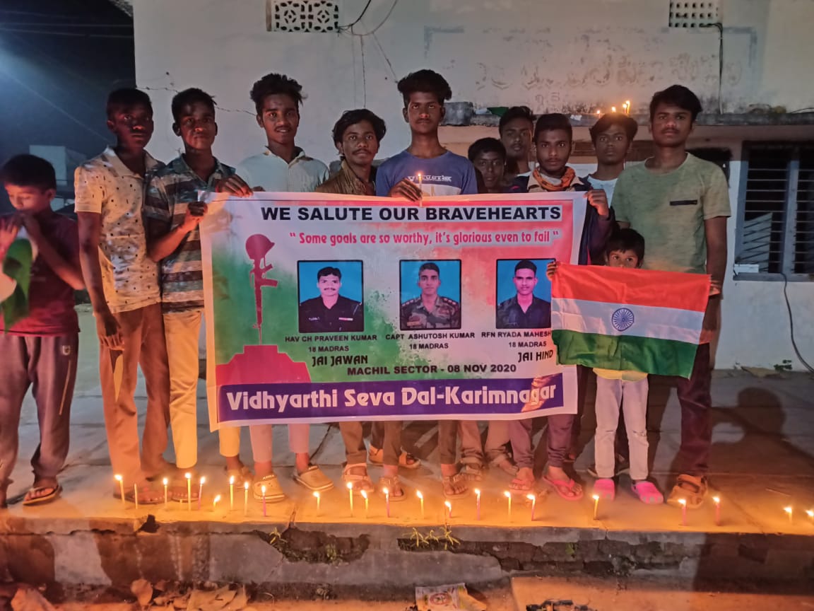 Adv_qurramali's tweet photo. Vidyarthi seva dal (VSD) activists paying Candlelight Tribute to soldiers Capt, Ashutosh Kumar , RFN Ryada Maheshwar , HAV  CH Praveen Kumar who are Killed 
during a gun battle with terrorists who were trying to infiltrate the Line of Control in north Kashmir’s Machil sector https://t.co/yIllzFEdGq