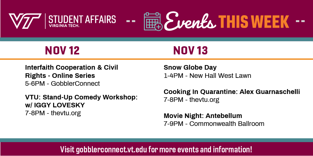 VTCampusLife's tweet photo. From stand-up comedy to thrillers to crafts, our event lineup this week has a little something for everyone.  Check out these events and more on https://t.co/ZJdqBF8bfG or by downloading the Corq app! https://t.co/GyjjLWVVI6
