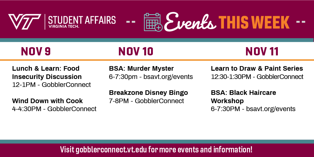 VTCampusLife's tweet photo. From stand-up comedy to thrillers to crafts, our event lineup this week has a little something for everyone.  Check out these events and more on https://t.co/ZJdqBF8bfG or by downloading the Corq app! https://t.co/GyjjLWVVI6