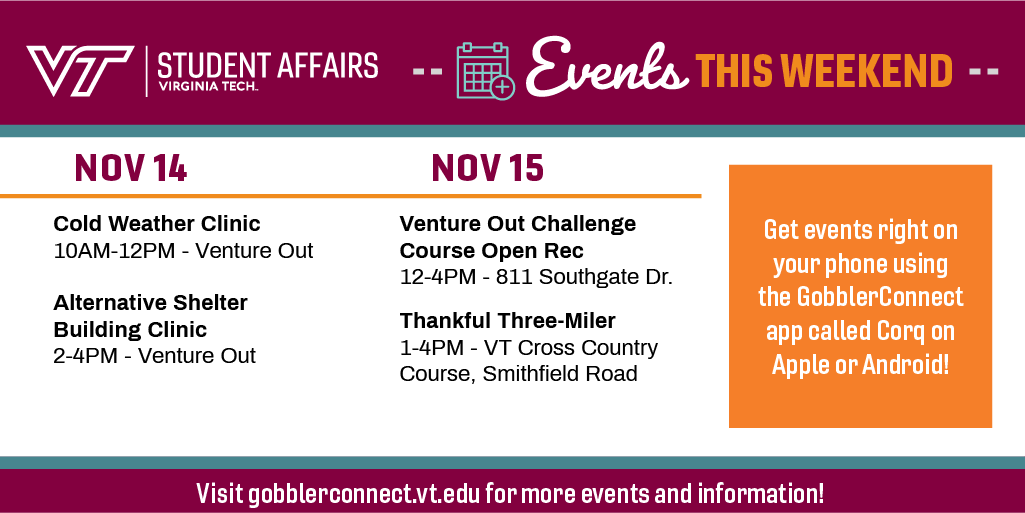VTCampusLife's tweet photo. From stand-up comedy to thrillers to crafts, our event lineup this week has a little something for everyone.  Check out these events and more on https://t.co/ZJdqBF8bfG or by downloading the Corq app! https://t.co/GyjjLWVVI6