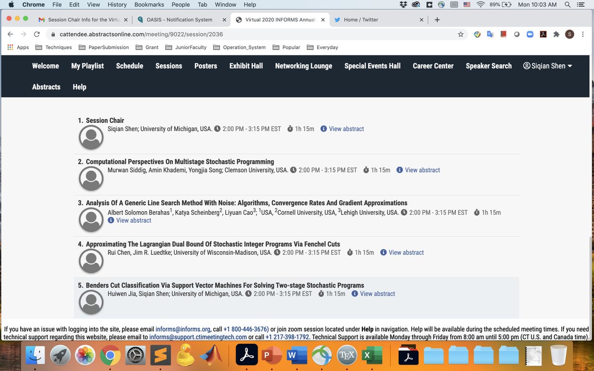 SiqianShen's tweet photo. I am charing session MC34 starting today 2pm EST in Room 34. Topics cover multistage SP computation, analysis of generic line search, stochastic IP, and learning Benders. Come and check out work by @songmath @albertberahas @jim_luedtke @Huiwen18 and others https://t.co/SEHHSCMe09