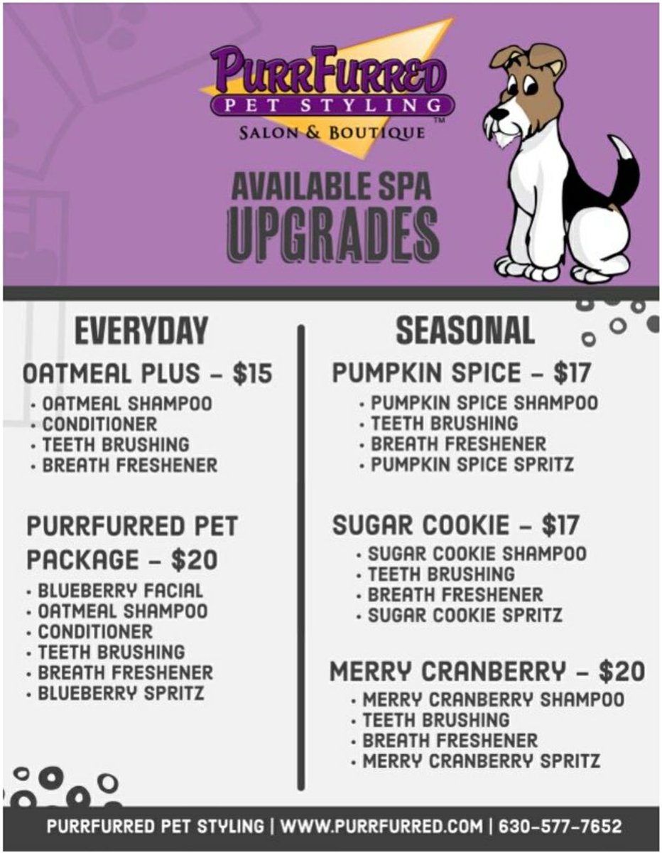 PPSGrooming's tweet photo. We have updated and added spa packages including new holiday scented packages! Ask your stylist for more info! #Holidays #PumpkinSpice #SugarCookie #SpaPackages #PurrFurred #PetStyling #Grooming #PetGrooming #Naperville #auroraillinois #Pets #Dogs #Groomers https://t.co/DLgrxUzrl4