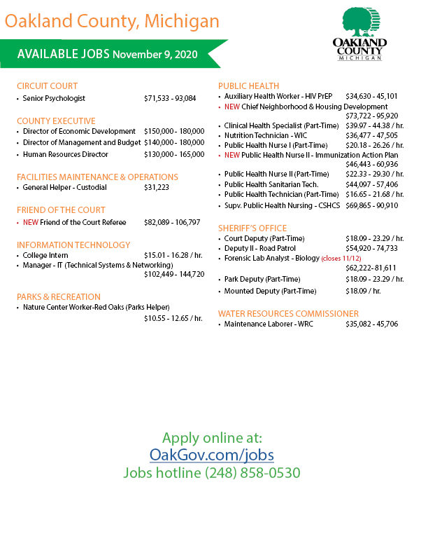 AdvantageOak's tweet photo. Ready for a new #career opportunity? 
#OaklandCounty is hiring full and part-time positions at Oakland County Michigan Government.

Apply online today at: https://t.co/VBTfipcutX or call 248-858-0530 for more information. https://t.co/u2wENwJSqN