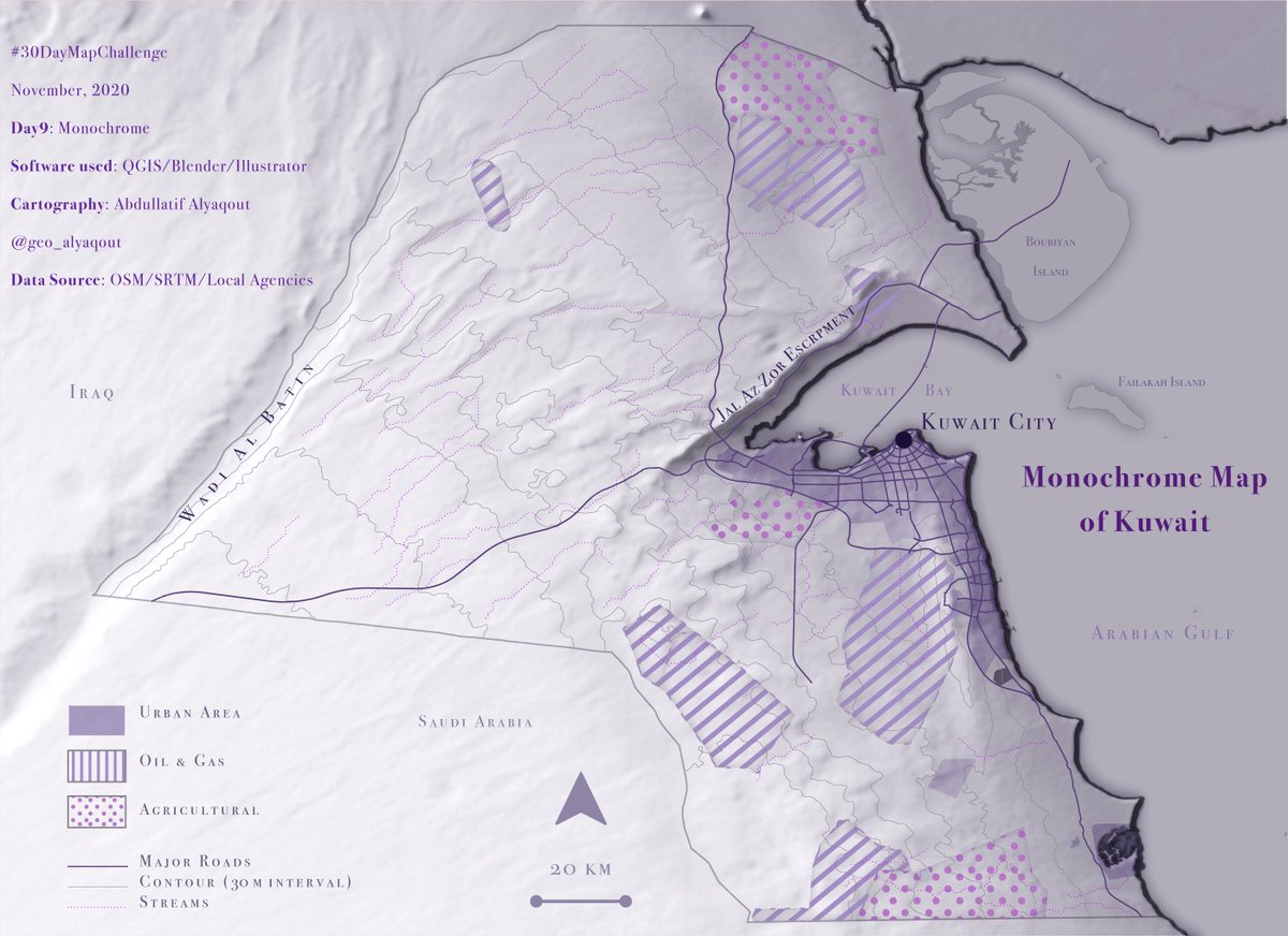 geo_alyaqout's tweet image. #30DayMapChallenge
Day9: Monochrome

Title: Monochrome map of Kuwait

The data used are from @openstreetmap , #SRTM, and local agencies

I used @qgis, @Illustrator, and @Blender 

#cartography #geography #gis #kuwait #b3d #qgis