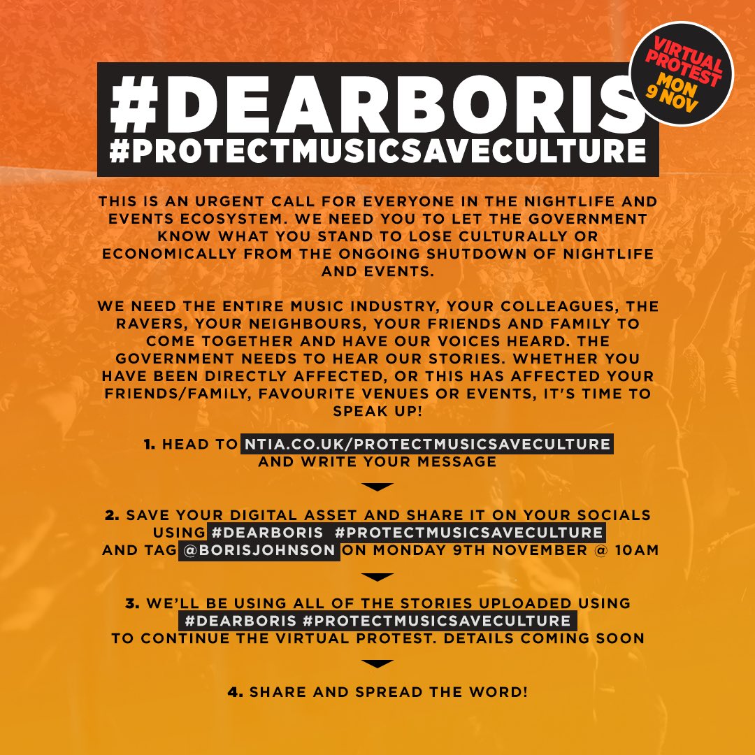 Togetherclub's tweet photo. We need your voice. #LetUsDance will be heard in parliament today (Mon 9th Nov) 📢

If you share our passion for music events, please head to the link below and participate 🙏💛 

https://t.co/2SH7sUMAmF https://t.co/xqIodxrMz0