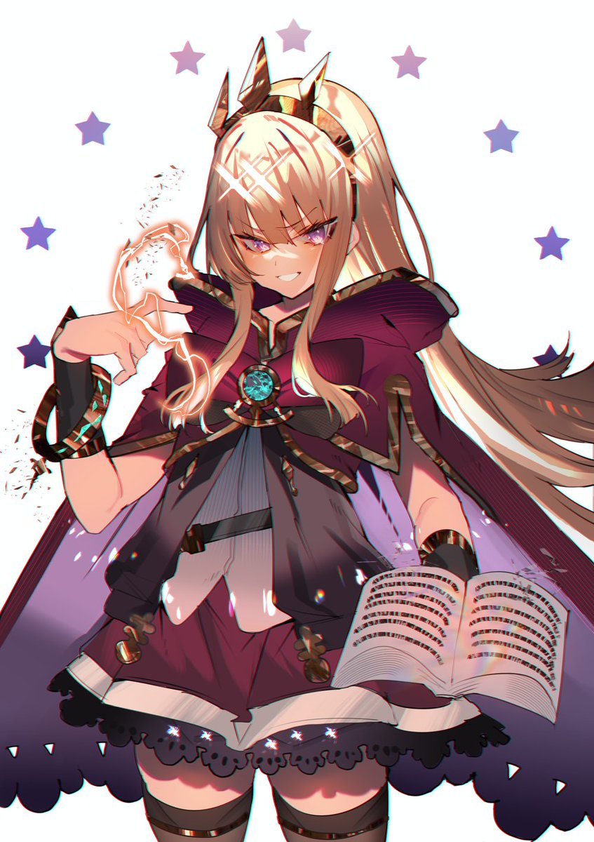 cagliostro (granblue fantasy) 1girl solo blonde hair book long hair purple eyes thighhighs  illustration images