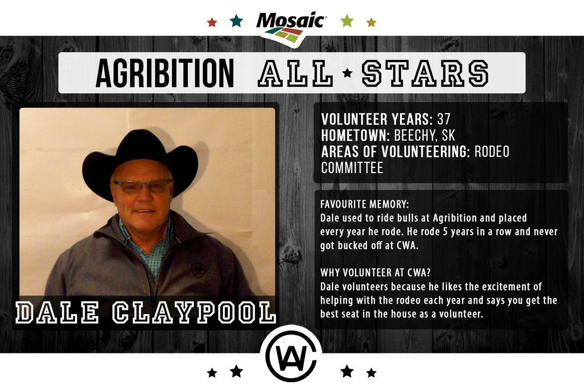 Agribition's tweet photo. This weeks Agribition All Star is Dale Claypool! Thank you for all the help through the years, Dale. #CWA20 @mosaicincanada https://t.co/TBHIFSfw1d