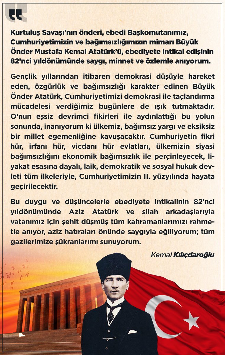 Kurtuluş Savaşı’nın önderi, ebedi Başkomutanımız, Cumhuriyetimizin ve bağımsızlığımızın mimarı Büyük Önder Mustafa Kemal Atatürk’ü, ebediyete intikal edişinin 82’nci yıldönümünde saygı, minnet ve özlemle anıyorum. #10Kasım