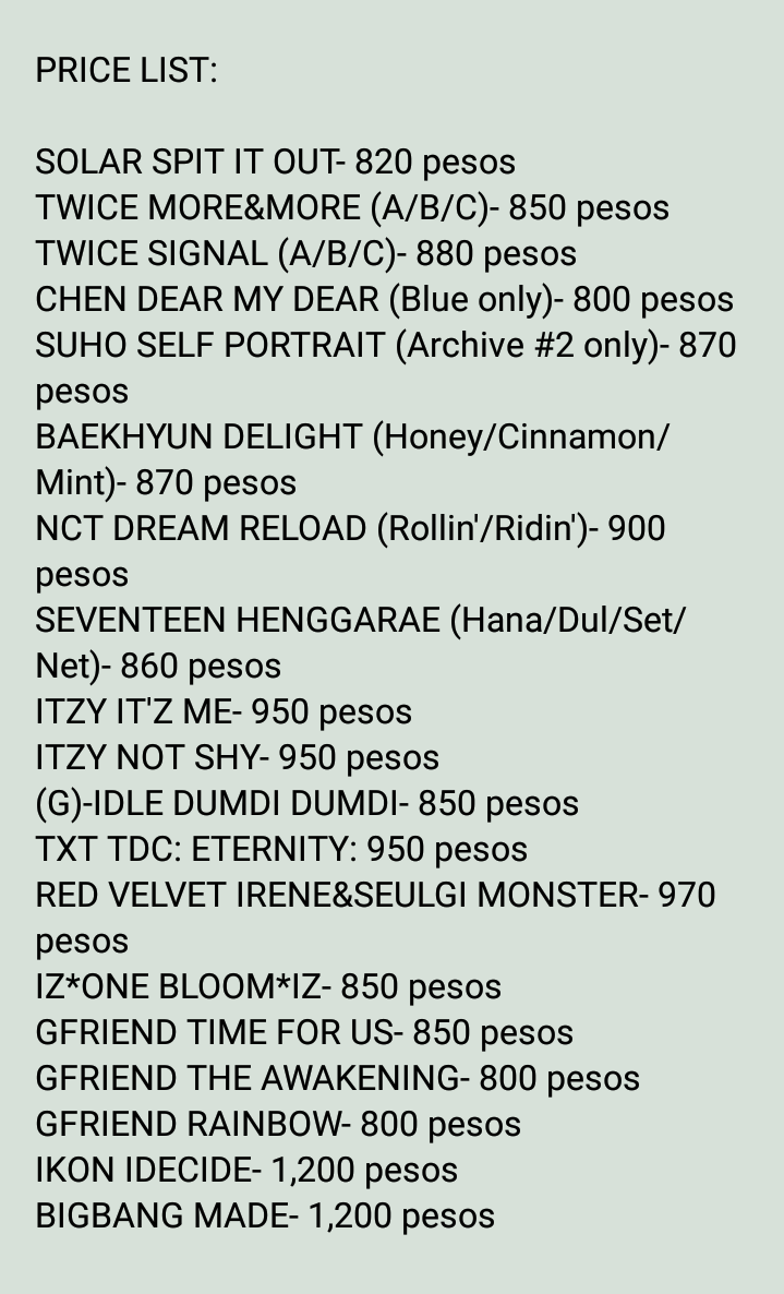 bluehour_ph's tweet photo. [REPOST]
ONHAND KPOP ALBUMS #BlueHourPHOnhand

ALL IN + LSF

DM if interested ✨

tags: mamamoo solar twice exo chen suho baekhyun nct dream seventeen itzy (g)-idle txt red velvet iz*one gfriend ikon bigbang https://t.co/VqFY6pB6Tu