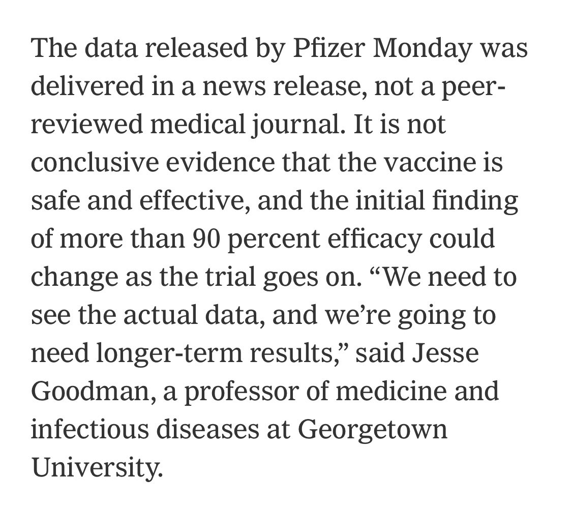 a lot of people also think I’m implying that Pfizer/board of experts are “lying.” No, I’m not saying that! Bottom line, if these results hold up it would be amazing - we just need more info about the data and its limitations. screen grab from NYT: