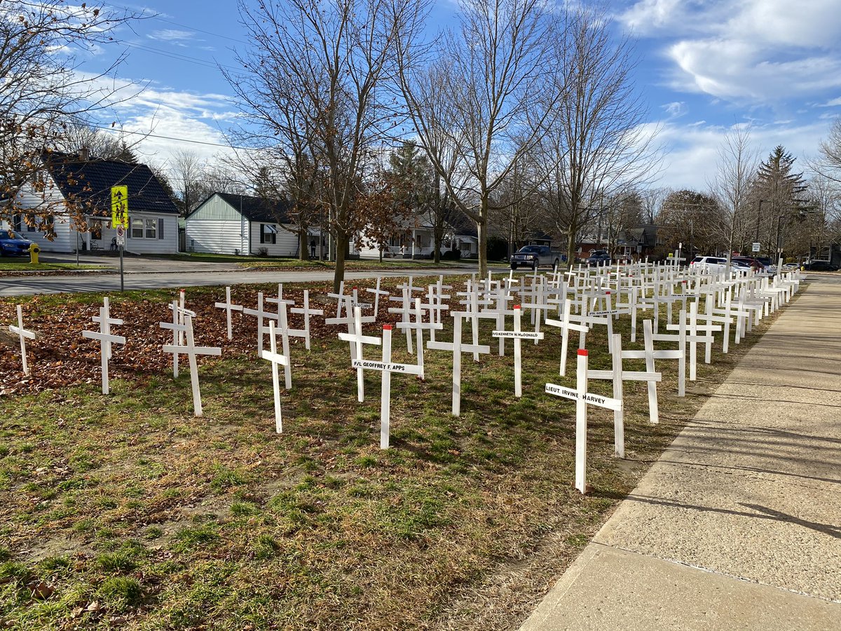 UxbridgeSS's tweet photo. As seen outside USS today - one cross for every USS student that was lost in service. #durhamdsb #WeWillRememberThem https://t.co/14gIjBL3au