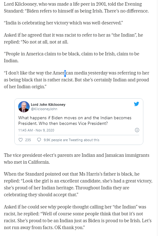 Against my advice, the Standard have apprised Lord Kilclooney of this fact. https://www.standard.co.uk/news/politics/lord-kilclooney-racist-kamala-harris-indian-b60495.html