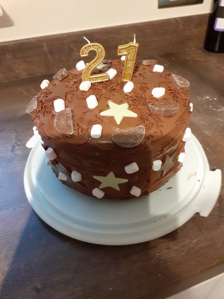 WednesdayWife's tweet photo. Our 'baby' is 21 tomorrow. Chocolate fudge cake made as requested. Vanilla buttercream filling, milk chocolate fudge icing and a few extras.
#lotsofcalories #birthdaytreat https://t.co/0uD9AYtvLb