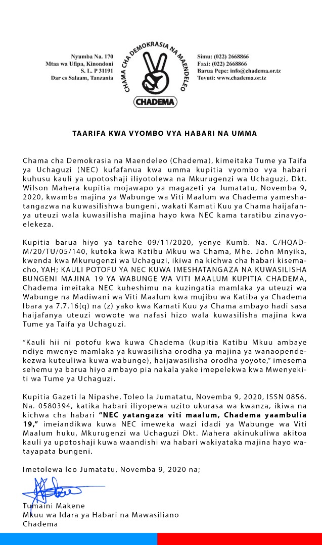 IamLyenda's tweet photo. Chadema @ChademaTz yaijia juu NEC @TumeUchaguziTZ . Yakanusha kauli ya upotoshaji kuwa imepeleka majina 19 ya Wabunge wa Viti Maalum. https://t.co/bjNggb9c6o