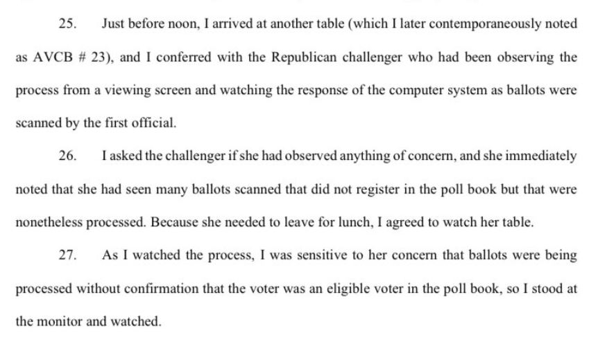 Another sworn affidavit from GOP poll watcher Zachary Larsen, former assistant AG:"She had seen many ballots scanned that did not register in the poll book but that were nonetheless processed."