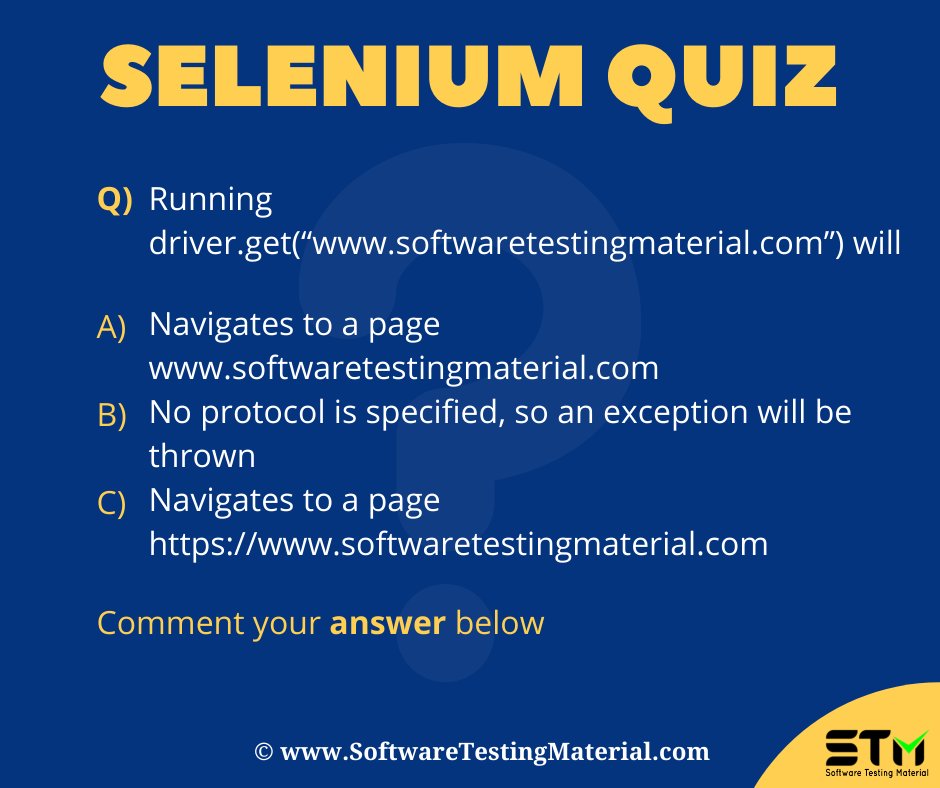STMWebsite's tweet photo. Selenium Quiz! - Please comment your answer - Software Testing Material
.
.
.
.
#SeleniumQuiz #Selenium #SoftwareTesting #AutomationTesting #ManualTesting #SoftwareTesters #SoftwareTestingMaterial #automationtesters https://t.co/jo75XWaTGh