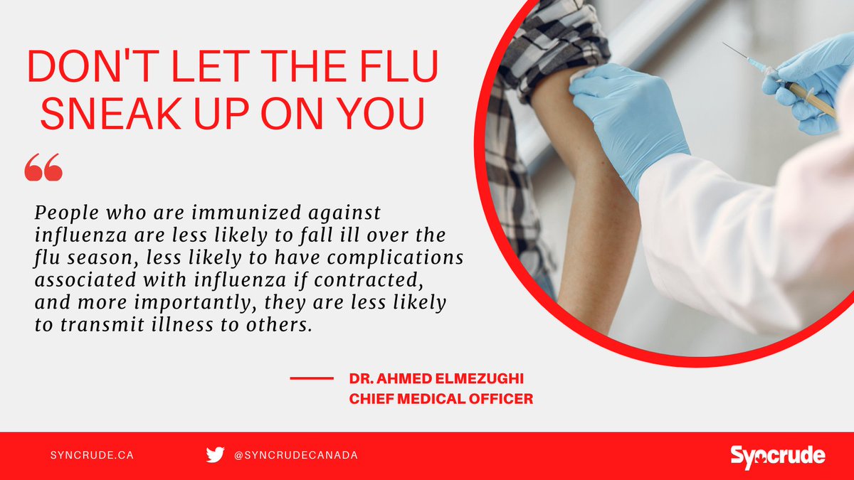 SyncrudeCanada's tweet photo. The flu season is upon us. Getting vaccinated will reduce influenza-related illnesses and ease the added stress on health services during the pandemic. Be a #fluchamp #getimmunized. https://t.co/C82XmwoGom