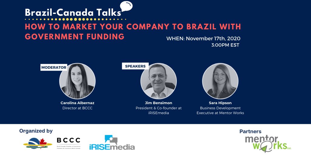 Save the date! On Tuesday, November 17th, at 3 PM (EST), the BCCC, in partnership with iRISEmedia and Mentor Works, is hosting the webinar Brazil-Canada Talks: How to expand your business to Brazil with CanExport. For more information go to bit.ly/expand-busines…
#exportbusiness
