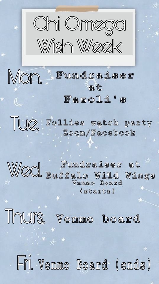 🌟WISH WEEK🌟 

this year has been a complete 180 from our typical philanthropy events, but we are happy to announce we will be hosting a wish week with some safe events to help raise money for <a href="/MakeAWish/">Make-A-Wish America</a> 💙 

feel free to reach out to any of us if you have questions!