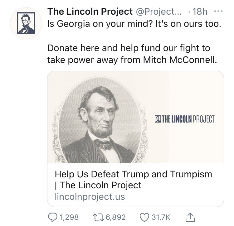 The Lincoln Project is soliciting donations to flip the GA Senate, and it is unconscionable. Do not give them a penny.A thread. 1/