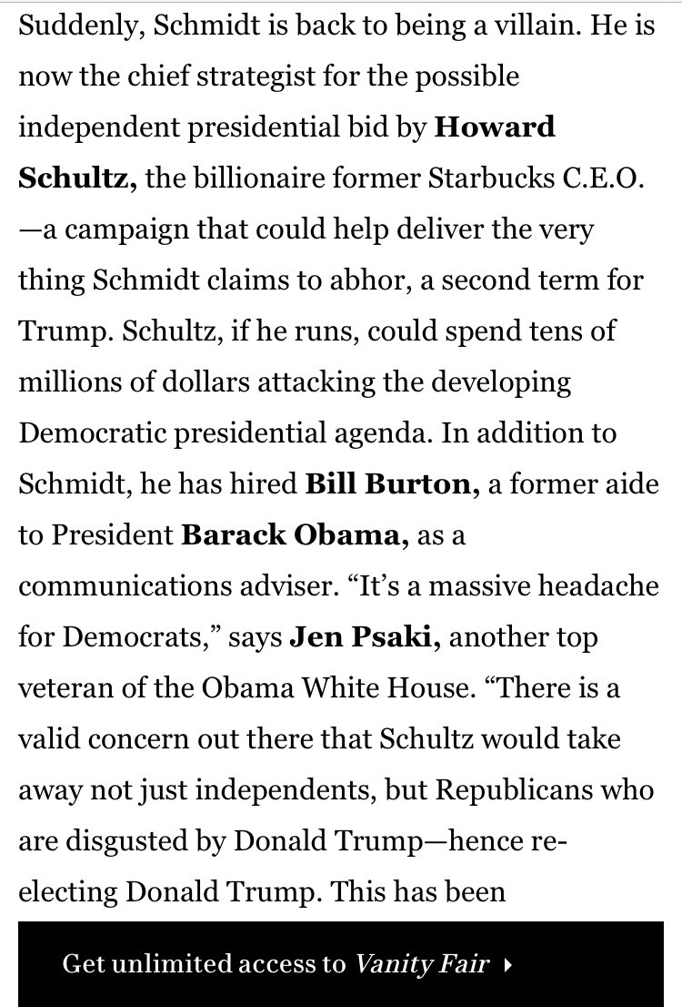 5/ The Lincoln Project is taking your money to build the GOP.These men want to save the Republican Party’s reputation to get GOP wins, not Dem wins. One of the founders, Steve Schmidt, was Howard Schultz’s campaign strategist.  https://www.vanityfair.com/news/2019/01/is-steve-schmidt-using-schultz-as-a-money-job-or-for-a-fever-dream
